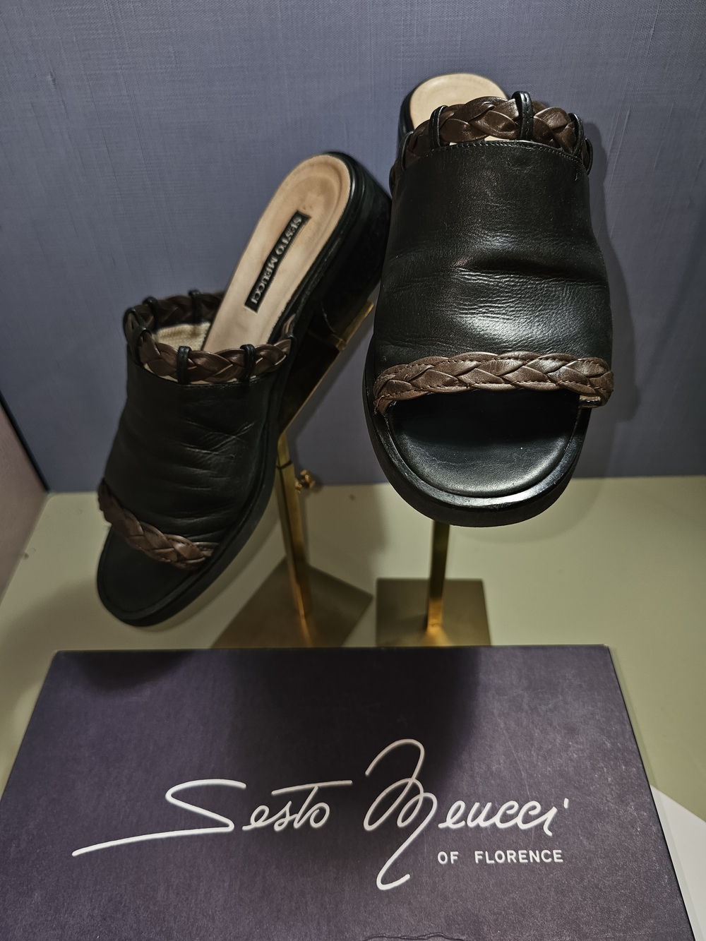 Sesto Meucci Black Leather Open-Back Mules with Brown Braided Trim Wood Stack
